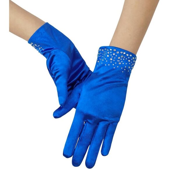 Accessories - Women's Blue Sparkly Glitter Rhinestone Stretchy Satin Wrist Length Gloves